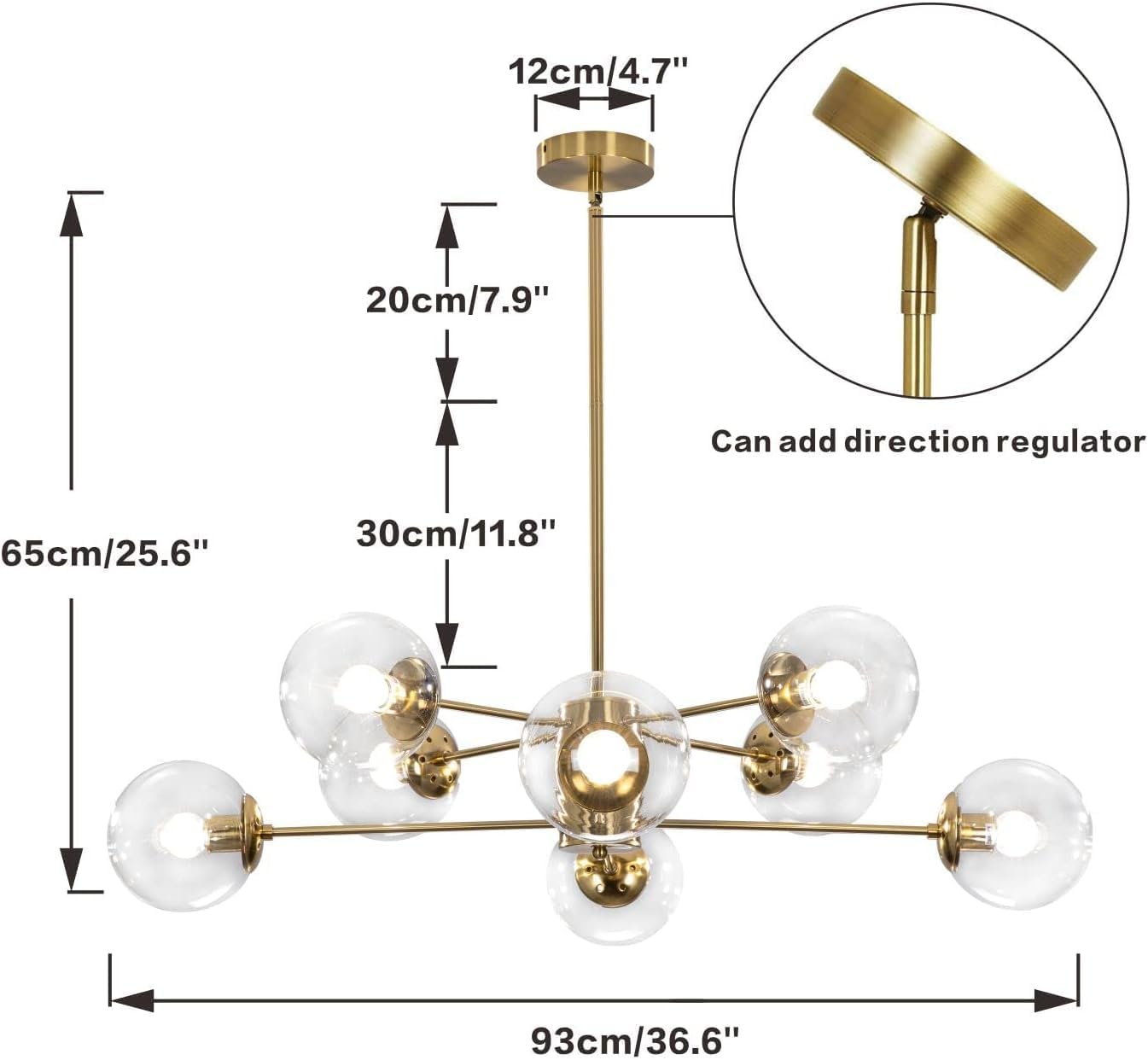 Gold chandelier with dimensions and features highlighted on a white background