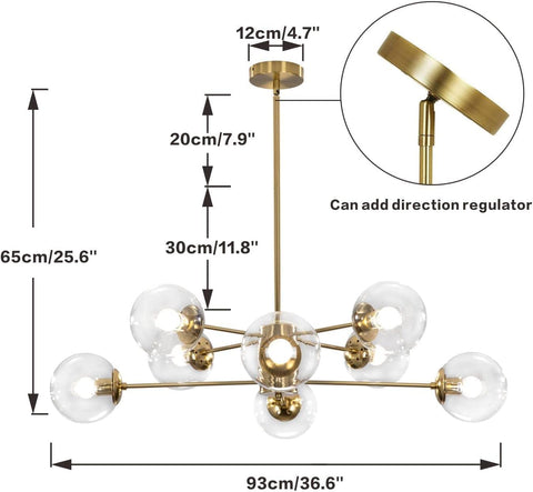 Gold chandelier with dimensions and features highlighted on a white background