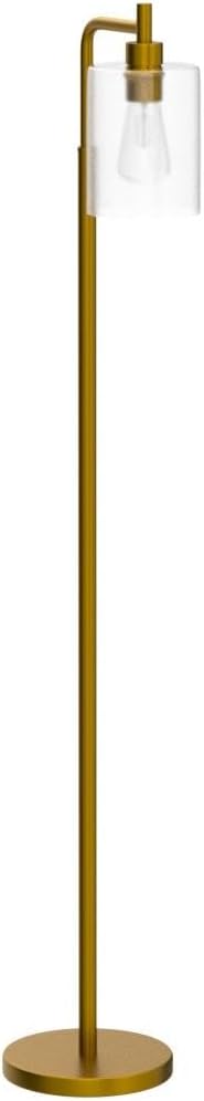 Gold floor lamp with a clear glass shade on a white background