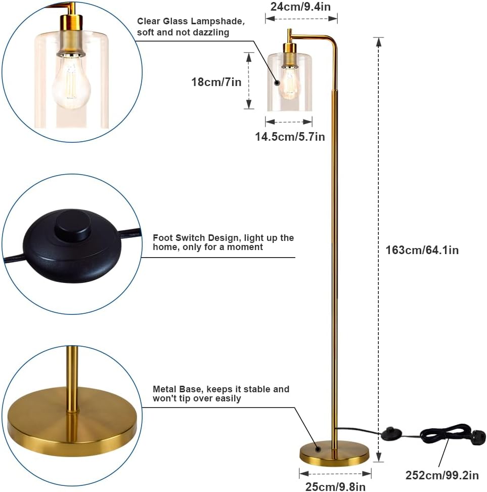 Gold floor lamp with clear glass shade, foot switch, and metal base, shown with measurements on a white background.