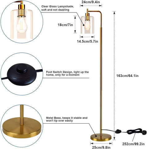 Gold floor lamp with clear glass shade, foot switch, and metal base, shown with measurements on a white background.