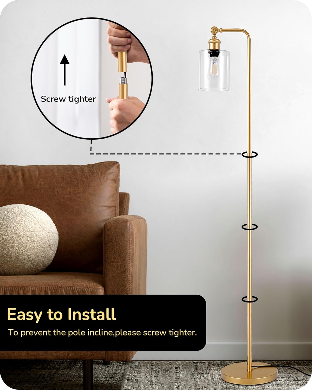 Gold floor lamp with clear glass shade in a living room setting, emphasizing ease of installation.