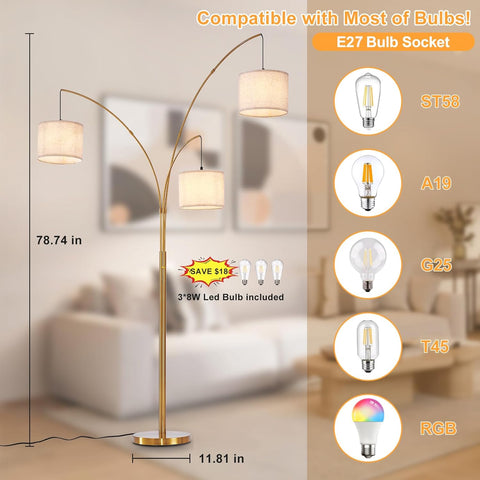 Gold floor lamp with light bulbs compatibility and measurements in a living room setting