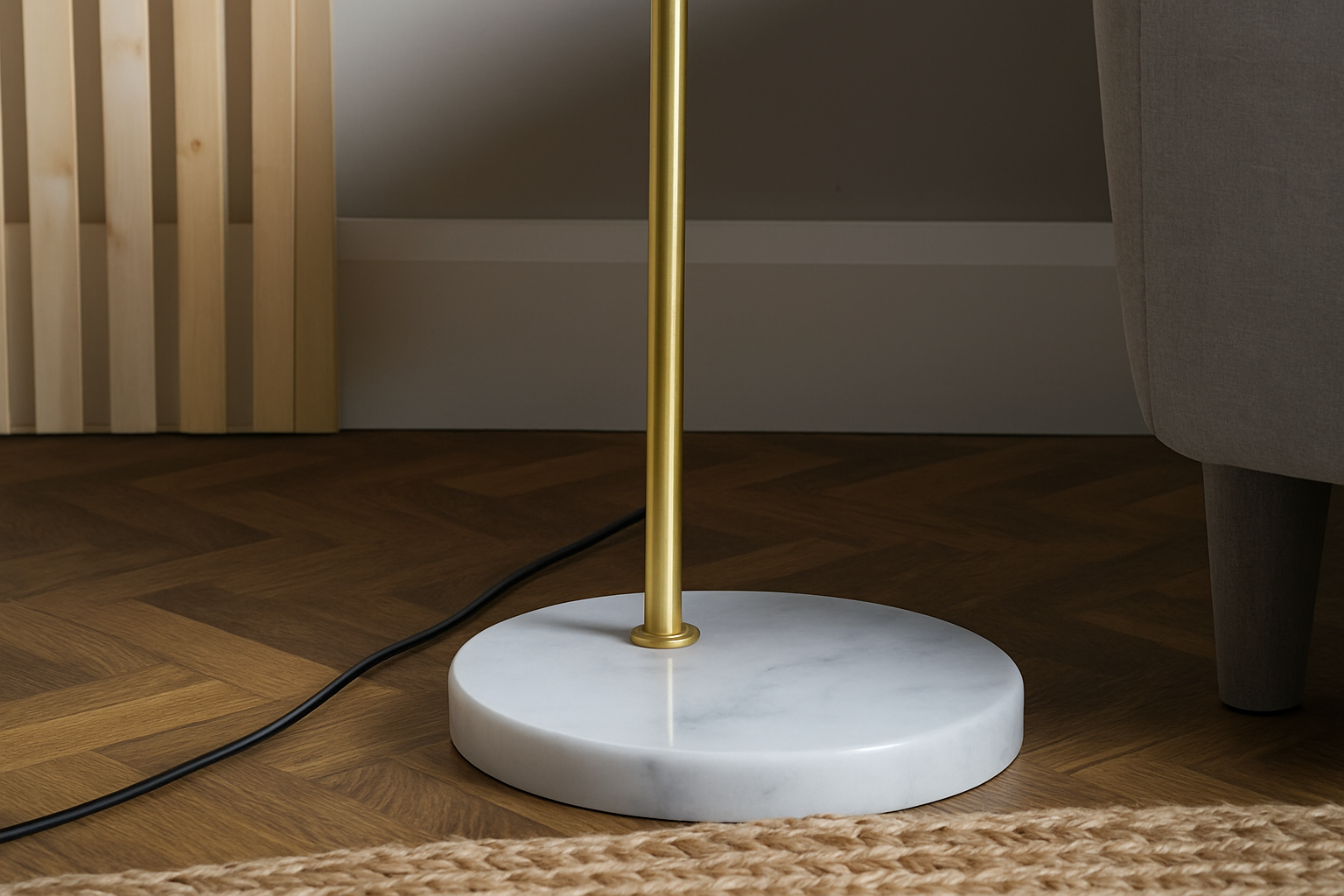 Gold floor lamp with marble base on a wooden floor