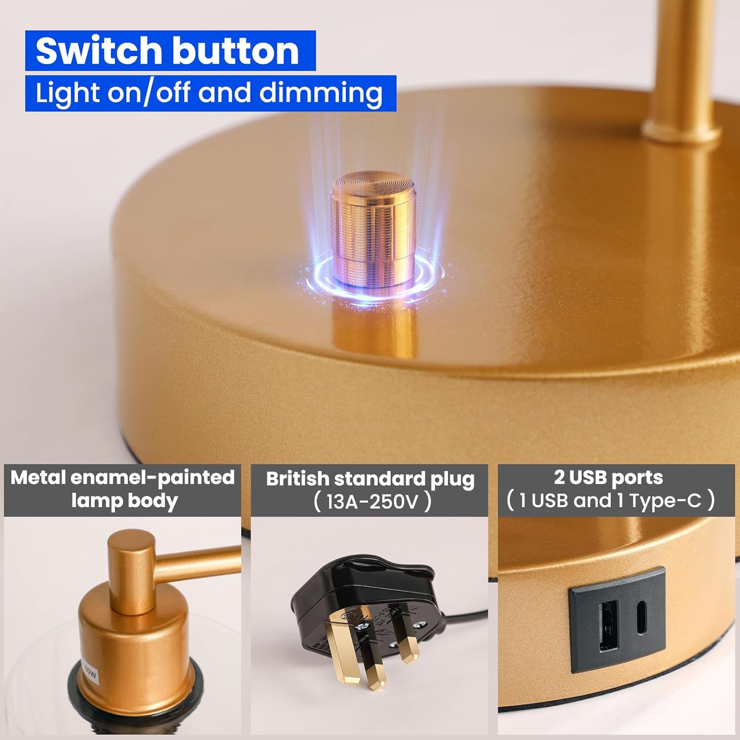 Gold lamp with switch button, British standard plug, and USB ports on a white background