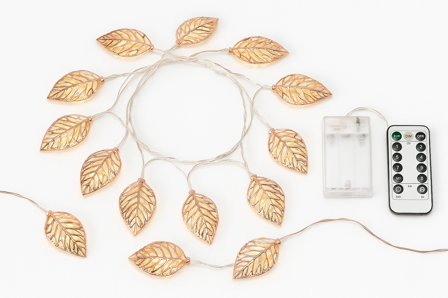 Gold leaf string lights with remote control on a white background