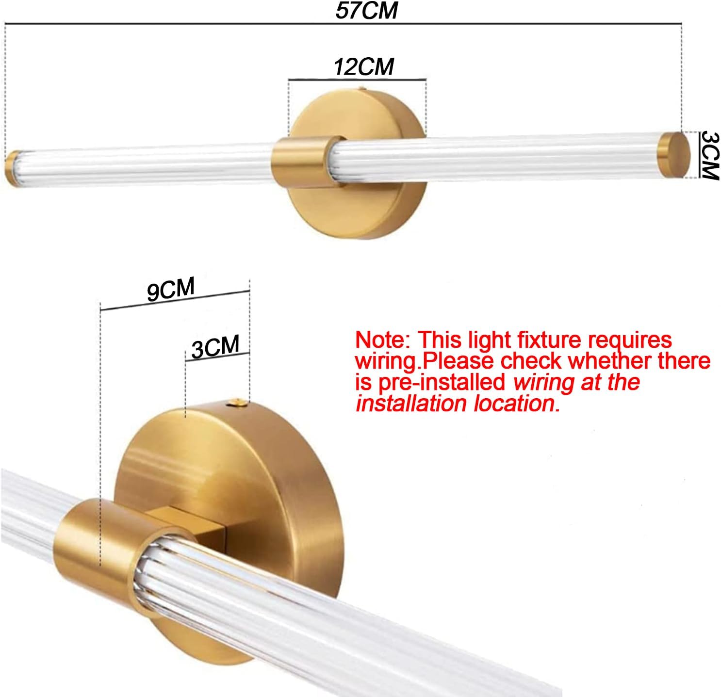 Gold light fixture with clear cylindrical components and dimensions on a white background.
