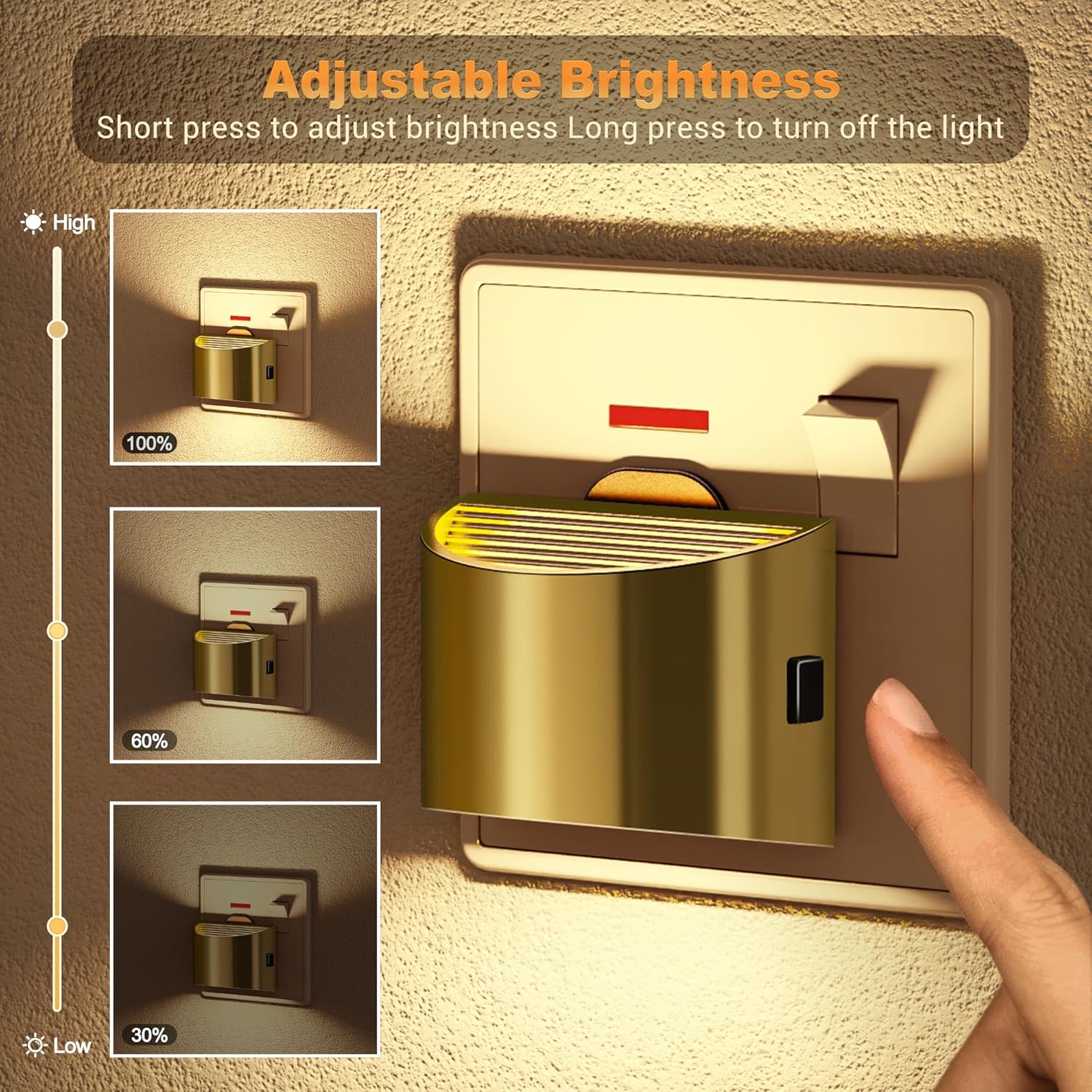 Gold light switch with adjustable brightness feature on a textured wall.