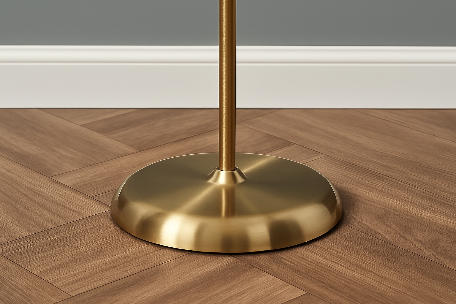 Gold metal stand on a wooden floor with a neutral background