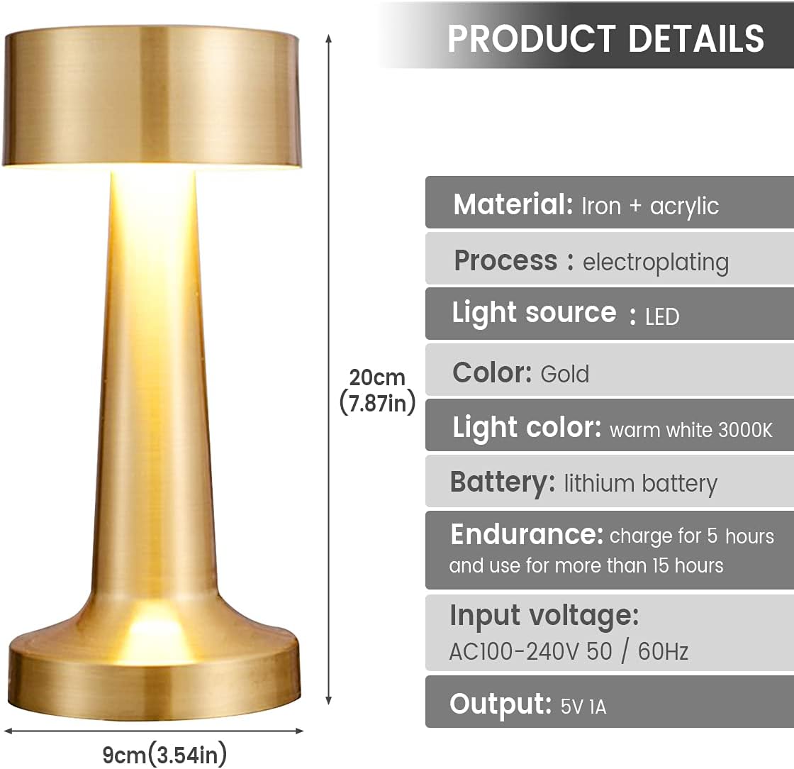 Gold outdoor light with product details on a white background