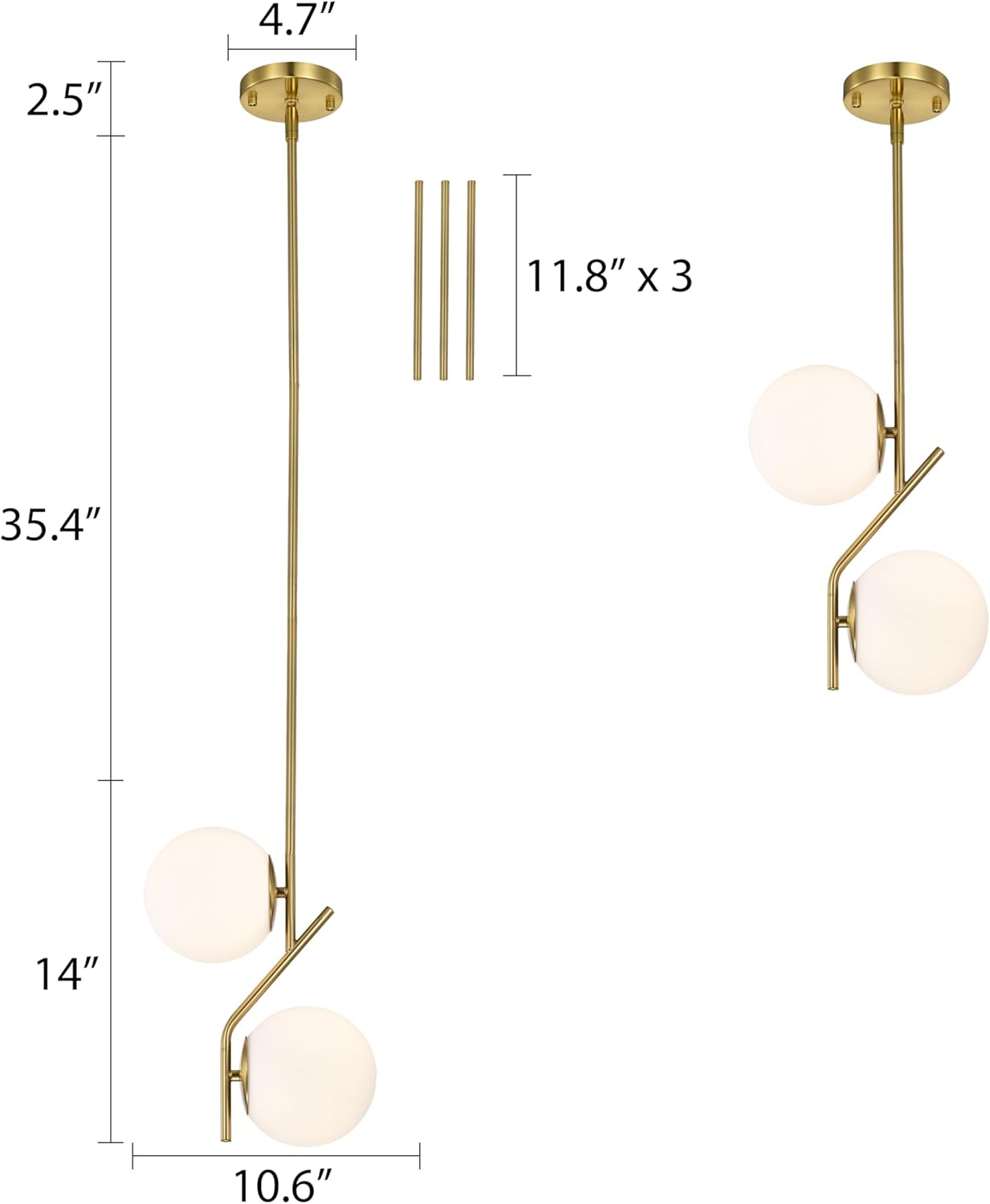 Gold pendant light fixture with dimensions on a white background