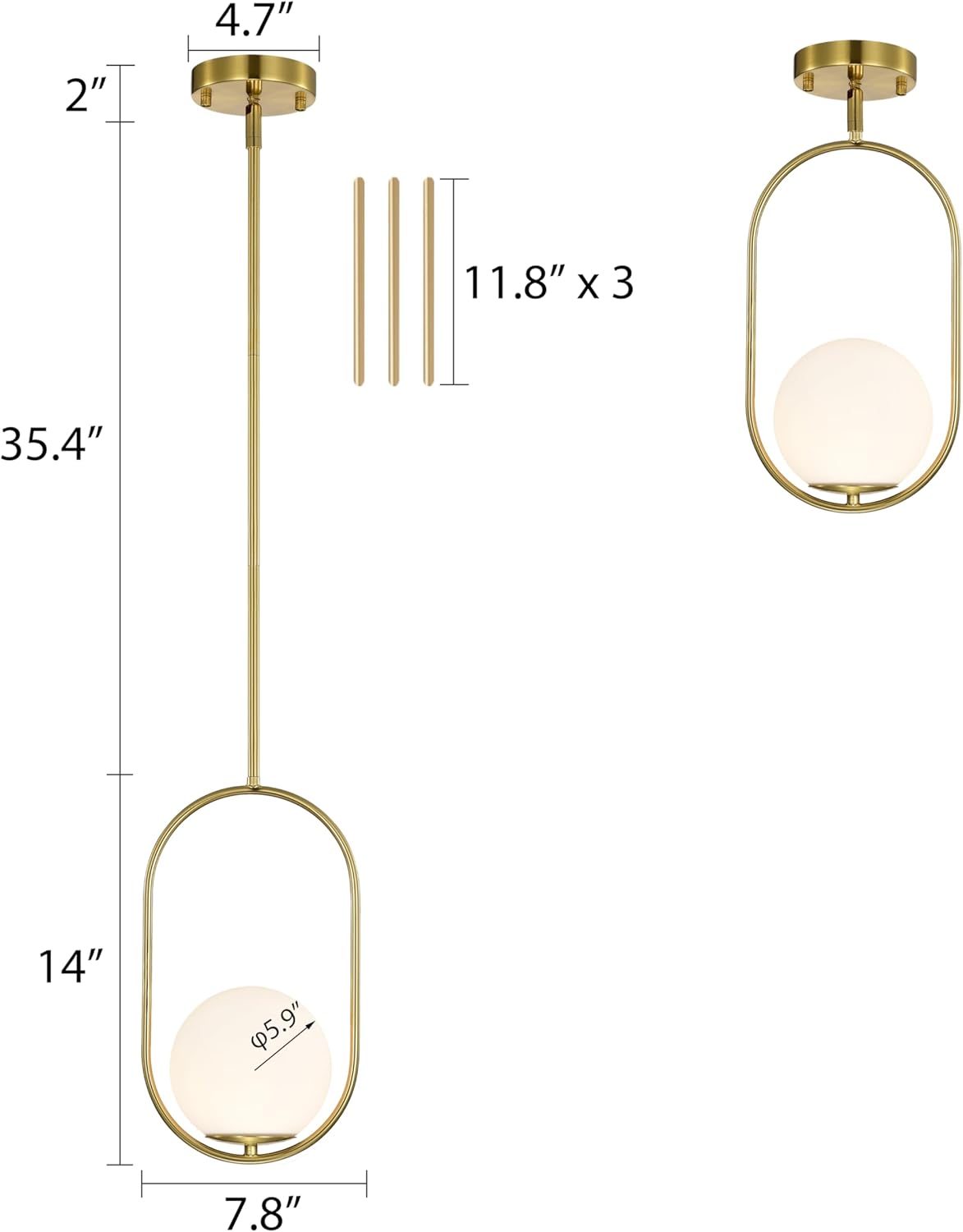 Gold pendant light with dimensions on a white background