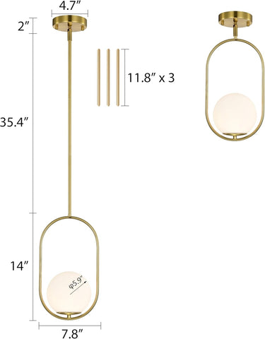Gold pendant light with dimensions on a white background
