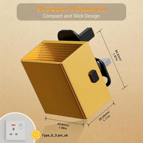 Gold product with dimensions and features on a beige background