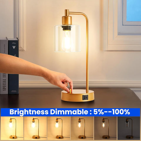 Gold table lamp with a hand adjusting the brightness, set against a neutral background.