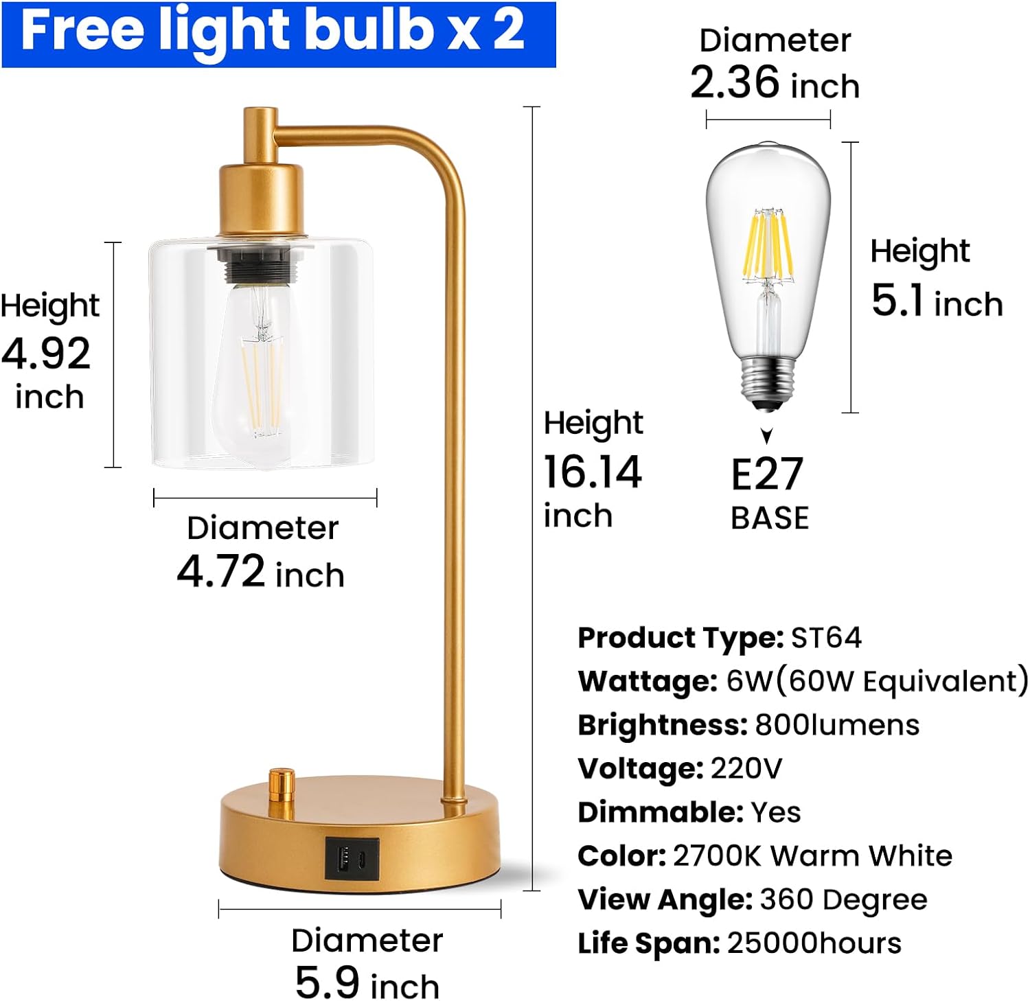 Gold table lamp with clear glass shade and light bulb, featuring dimensions and specifications.