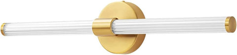 Gold towel bar with clear glass holder on a white background