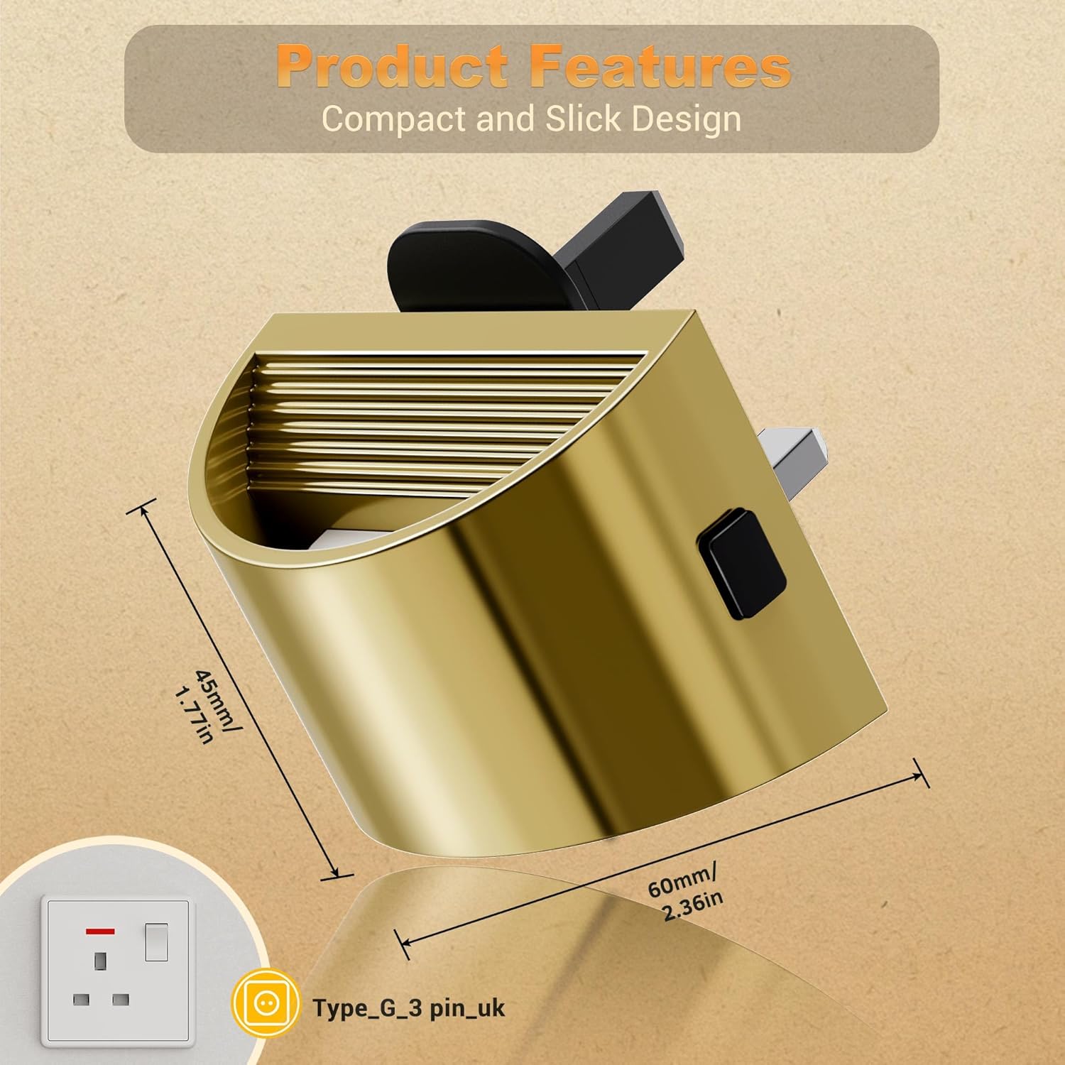 Gold wall-mounted device with dimensions and power plug illustration on a beige background