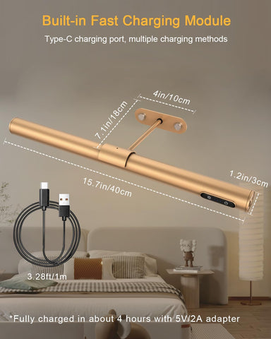 Gold wall-mounted lamp with charging cable and adapter, showing dimensions and charging information.