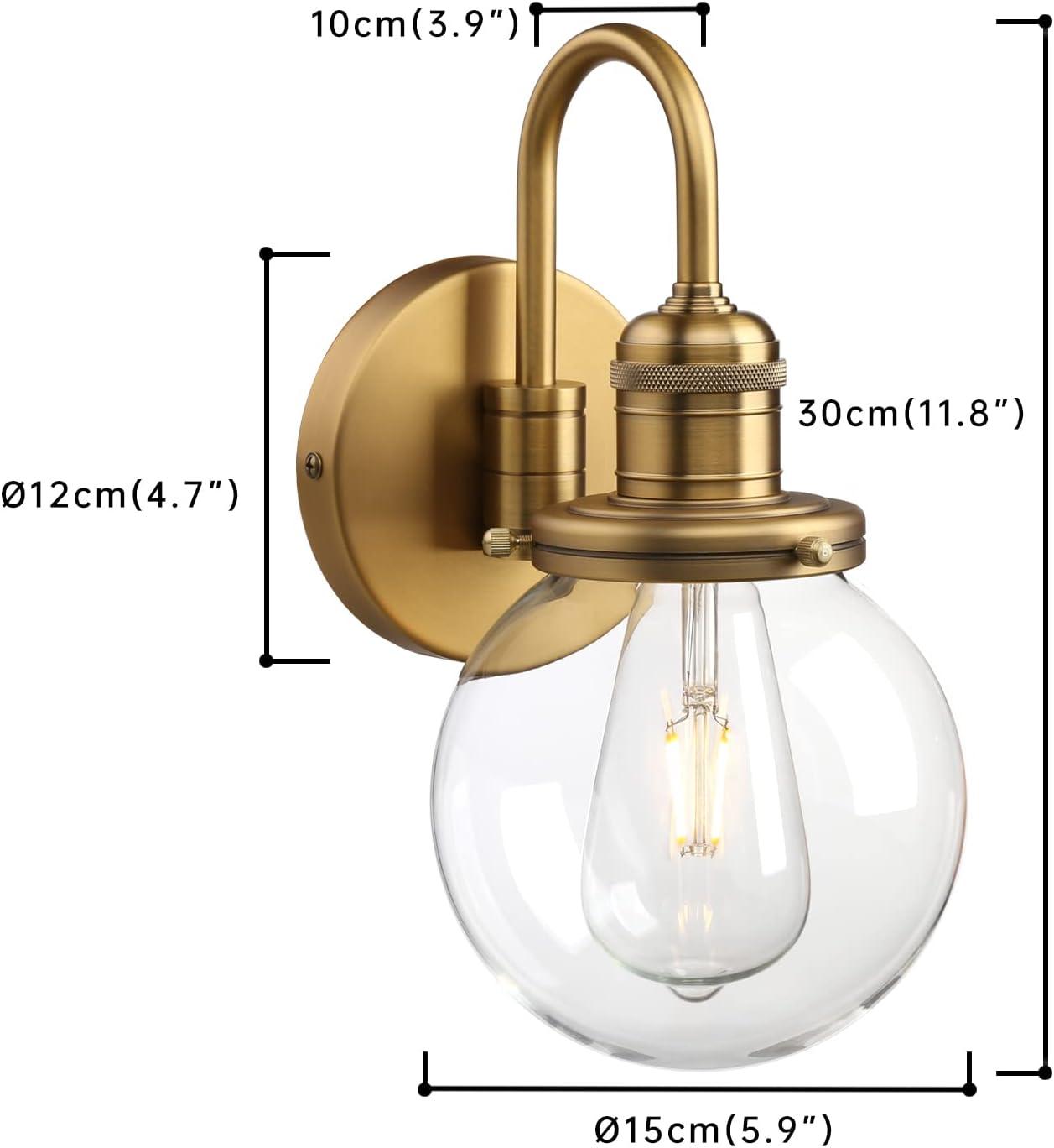 Gold wall-mounted light fixture with clear glass bulb and dimensions labeled.