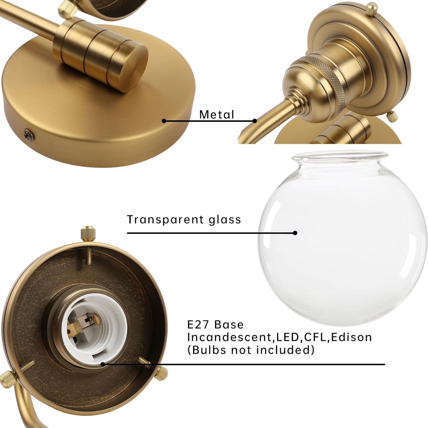 Gold wall-mounted light fixture with transparent glass shade, labeled parts on a white background.