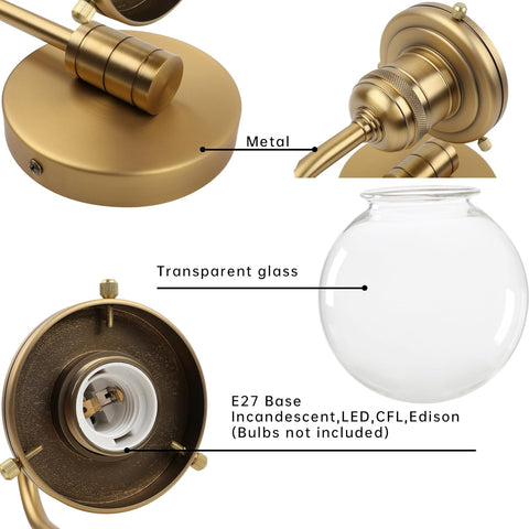 Gold wall-mounted light fixture with transparent glass shade, labeled parts on a white background.