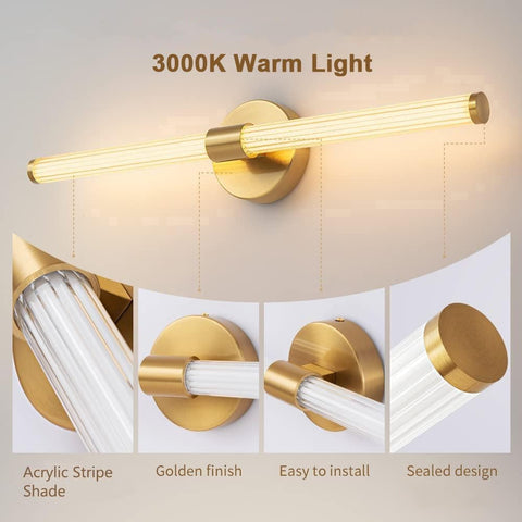 Gold wall light fixture with acrylic stripe shade on a neutral background