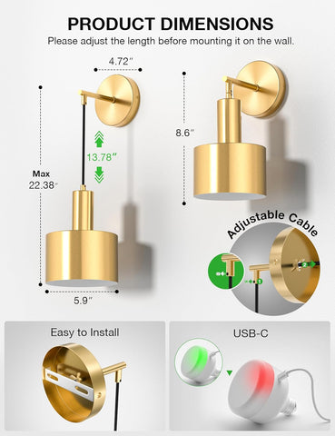 Gold wall sconce with adjustable cable and USB-C feature, shown with dimensions on a white background.