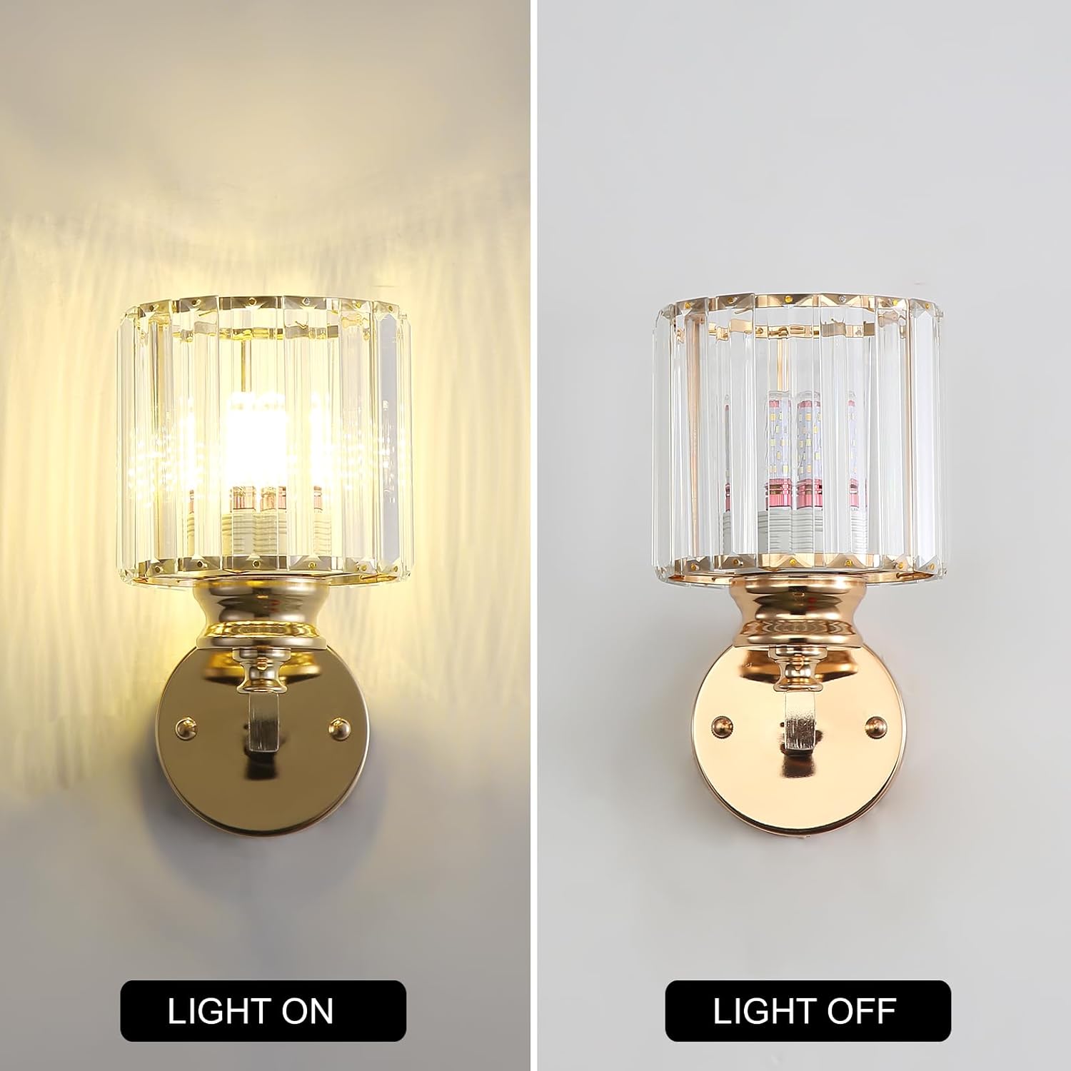Gold wall sconce with glass shade on a white wall, showing light on and off.