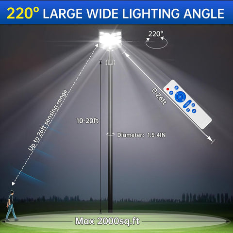 Golf course with a large floodlight and remote control, highlighting 220-degree wide lighting angle.