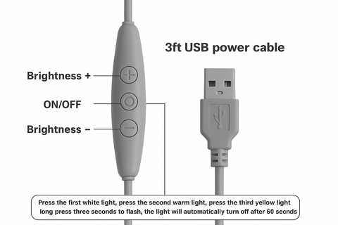 Gray USB power cable with control buttons and USB connector on a white background