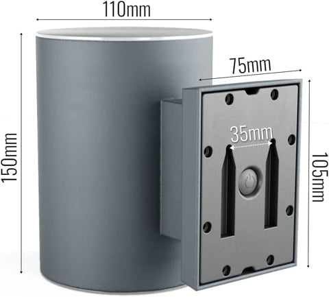 Gray cylindrical light fixture with mounting bracket and dimensions labeled