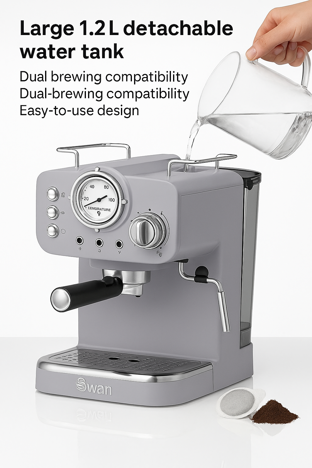 Gray espresso machine with detachable water tank being filled, on a white background.