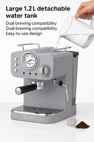 Gray espresso machine with detachable water tank being filled, on a white background.