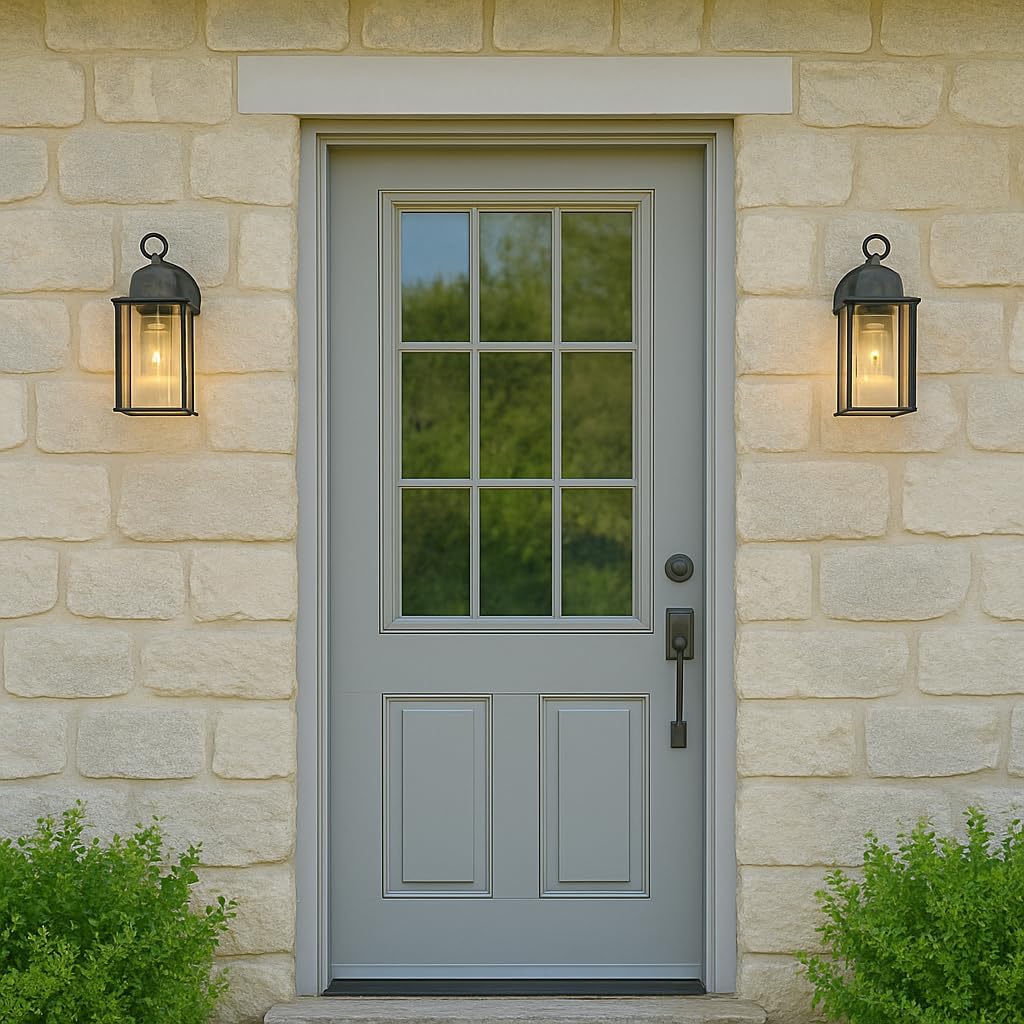 Gray front door with glass panels on a stone wall with outdoor lights.