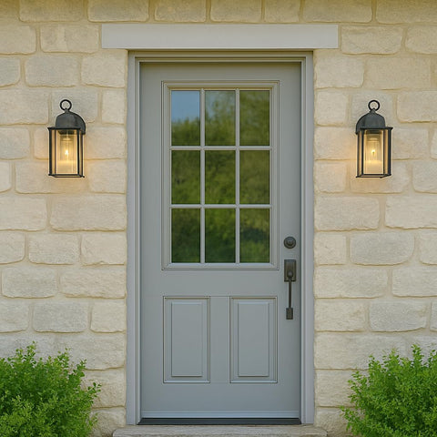 Gray front door with glass panels on a stone wall with outdoor lights.