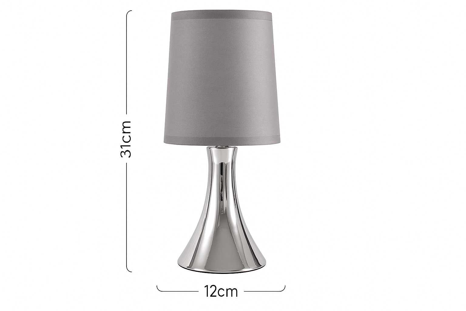 Gray table lamp with dimensions on a white background