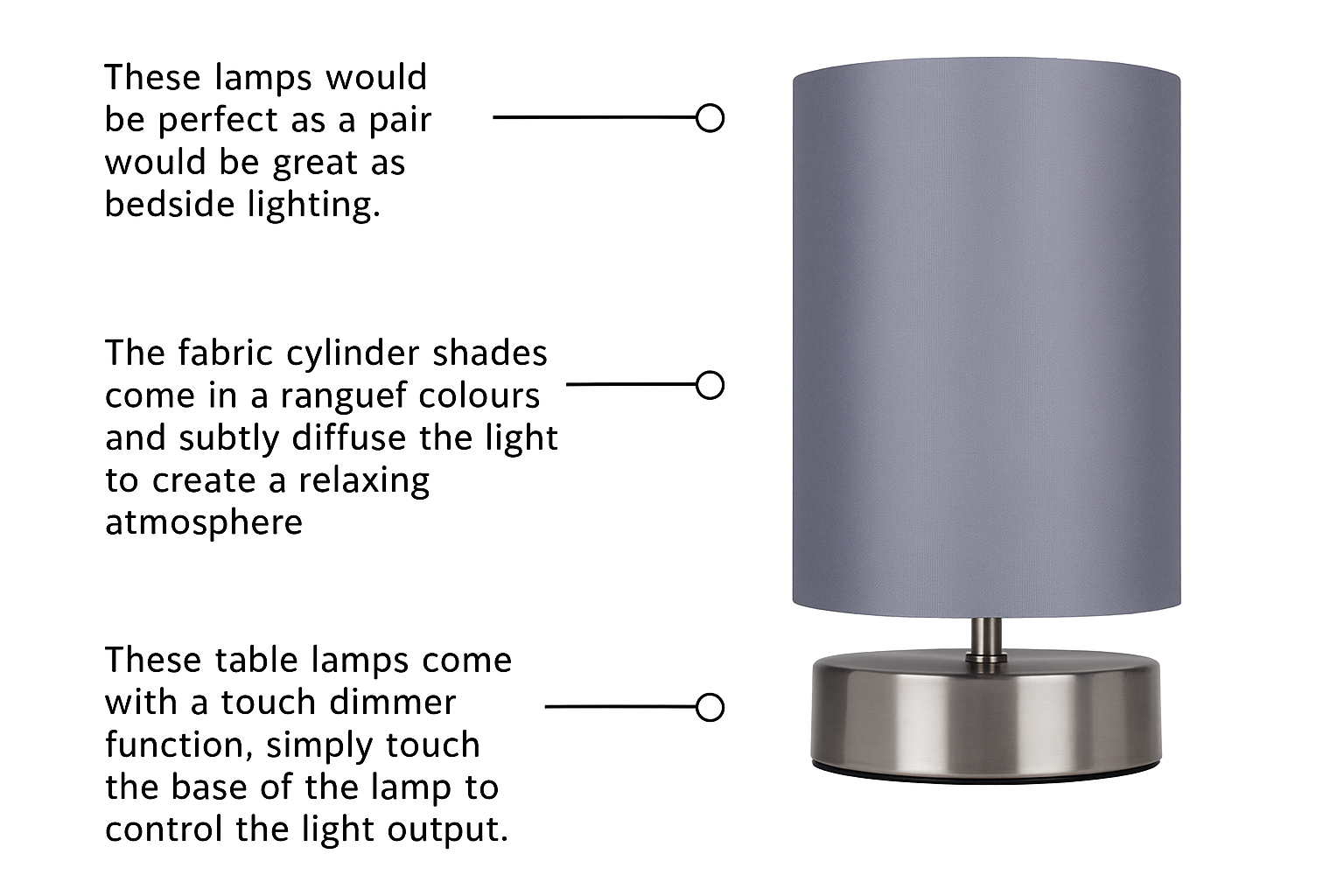 Gray table lamp with text describing its features on a white background