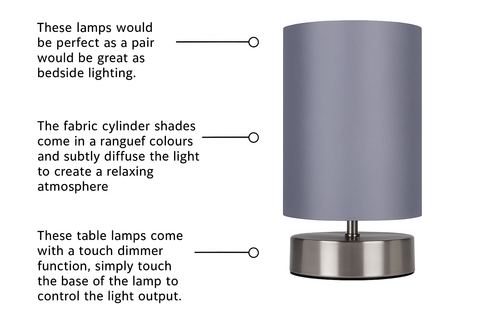 Gray table lamp with text describing its features on a white background