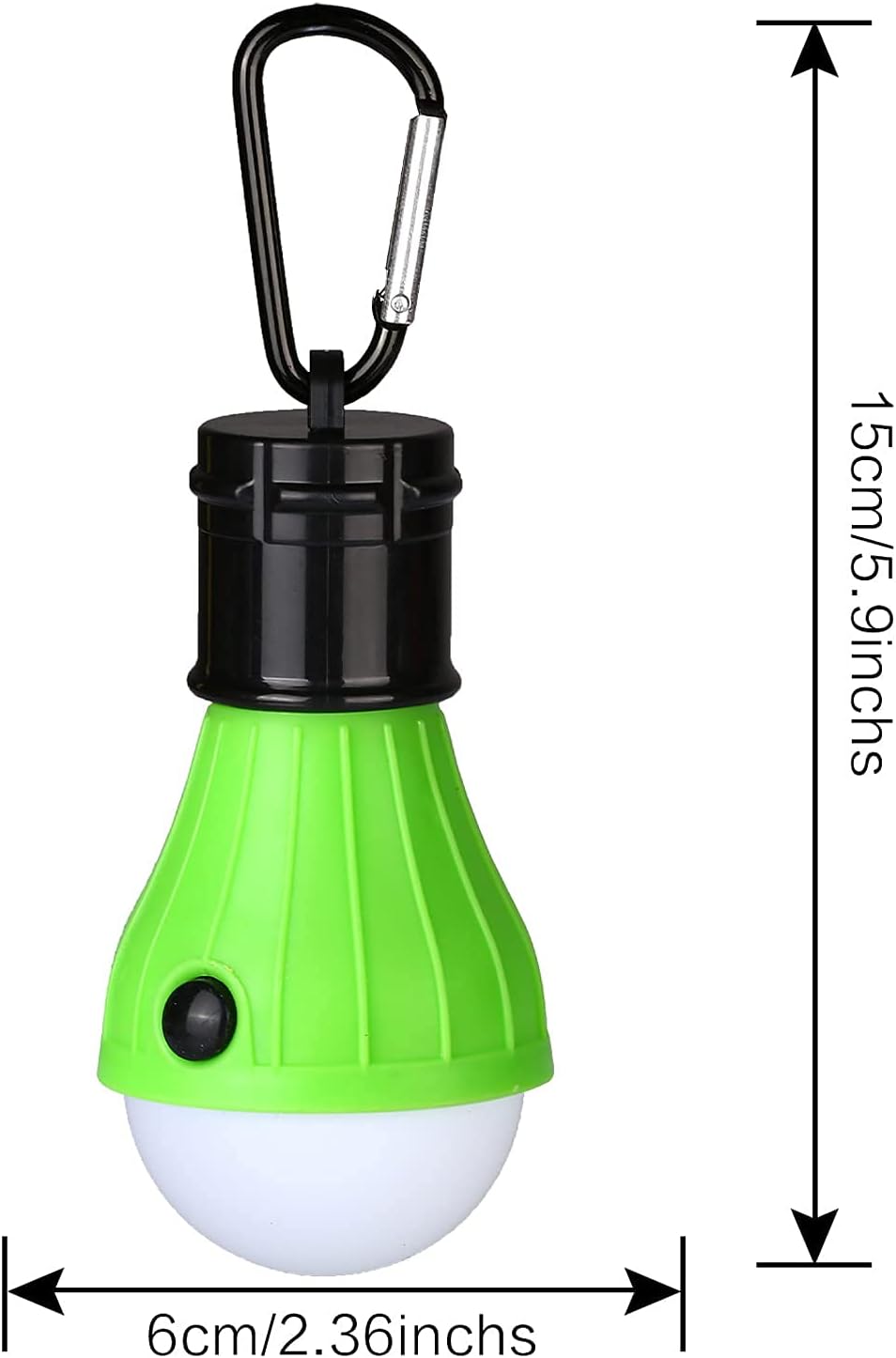 Green LED camping light with black carabiner and measurements on a white background
