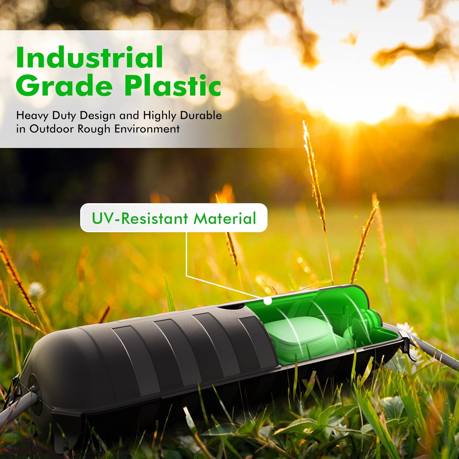 Green and black industrial-grade plastic product in a grassy field with text about durability and UV-resistance.
