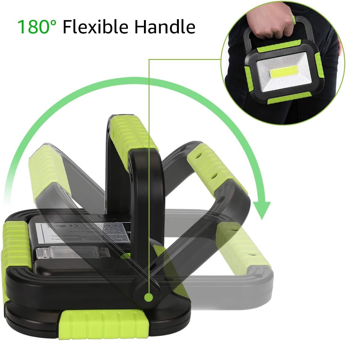 Green and black portable light with flexible handle and inset showing usage.