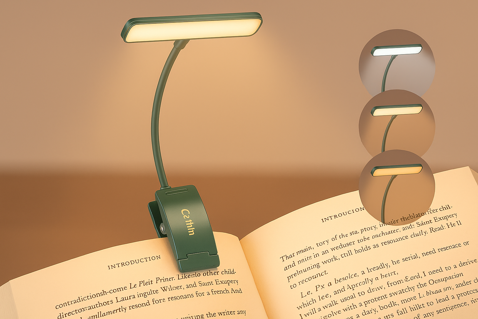Green booklight on an open book with a warm glow