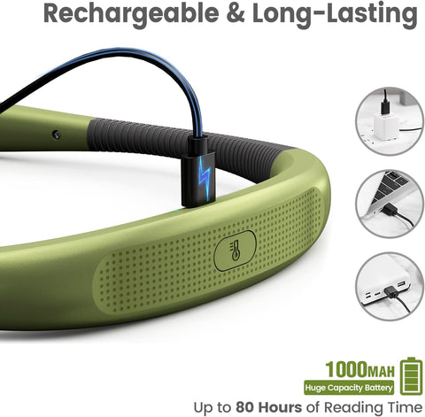 Green e-reader with charging cable, featuring text about rechargeability and battery capacity.