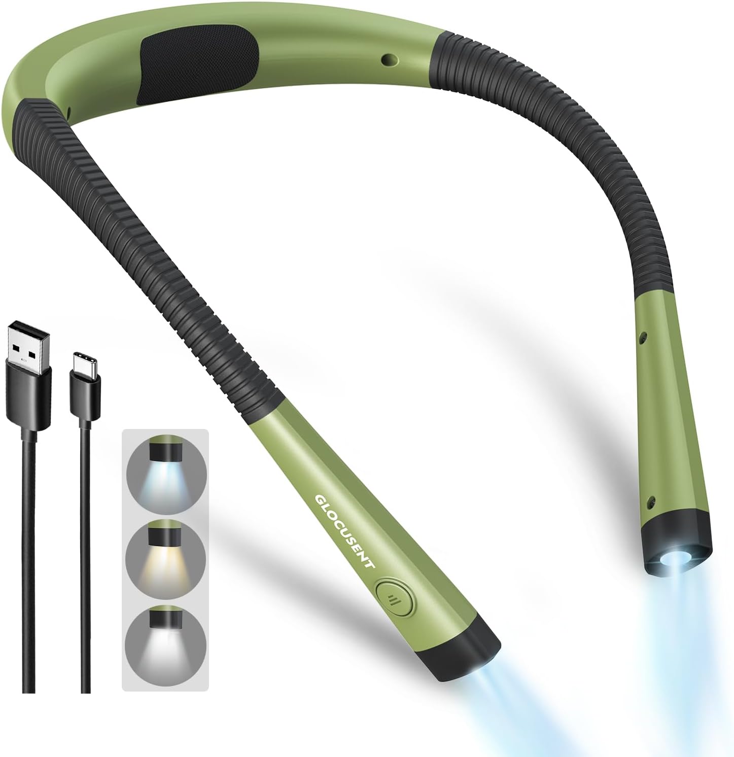Green flexible neck light with USB cable and three light bulb icons on a white background