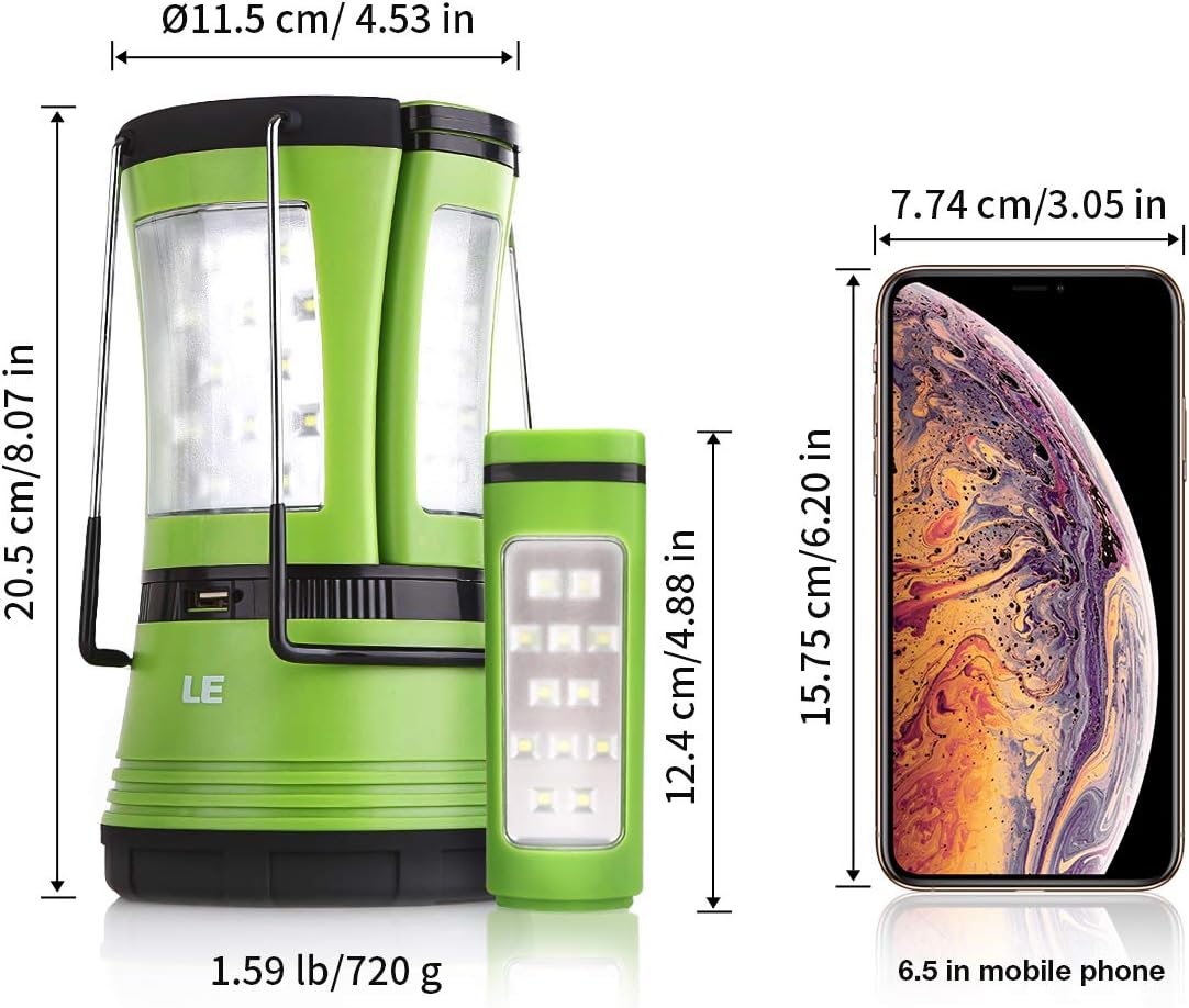 Green lantern with dimensions and a smartphone for scale on a white background