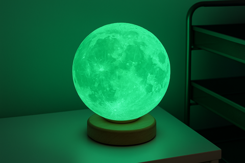 Green moon-shaped lamp on a table with a dark background