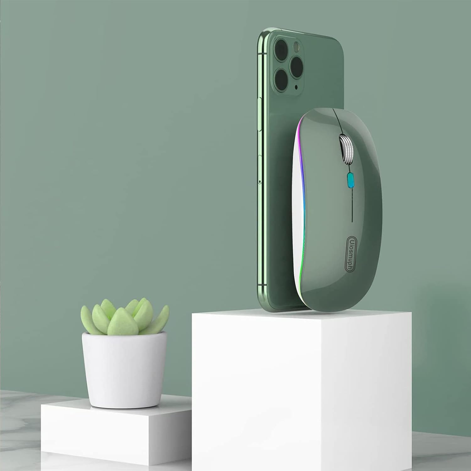 Green phone case with a mouse design on a white pedestal against a light green background