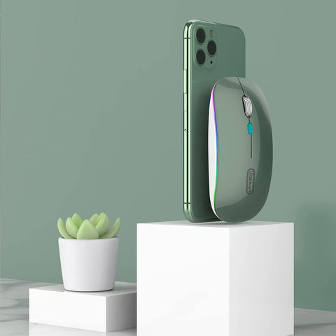Green phone case with a mouse design on a white pedestal against a light green background
