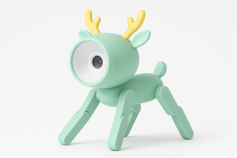 Green toy deer with a camera on a white background